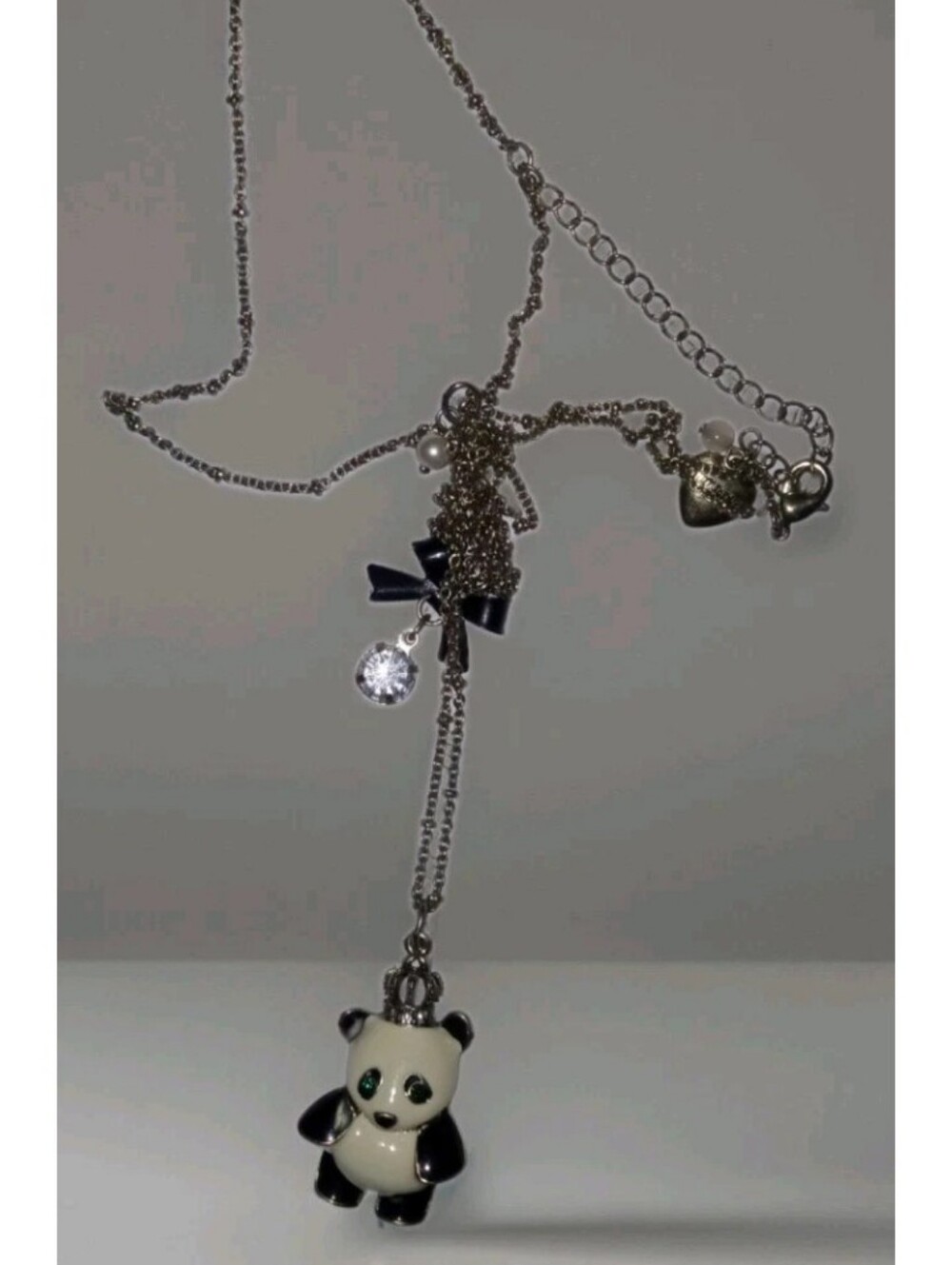 Betsey Johnson Double Layer Necklace Panda with Crown Gold Tone Green Eyes